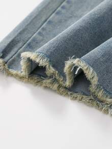 SHEIN TWEEN GIRLS Vintage Washed Color Denim Jeans, Street Style, Distressed Hem Flare Leg, Fashionable New Design Autumn Fall - Medium Wash - View 5