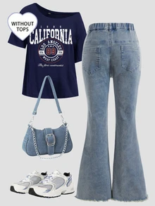 SHEIN TWEEN GIRLS Vintage Washed Color Denim Jeans, Street Style, Distressed Hem Flare Leg, Fashionable New Design Autumn Fall - Medium Wash - View 3