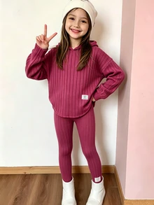 SHEIN 青少年女孩純色羅紋針織兩件套，連帽衛衣與寬鬆長褲，休閒返校日常穿著套裝 - 玫紅色 - 查看 3