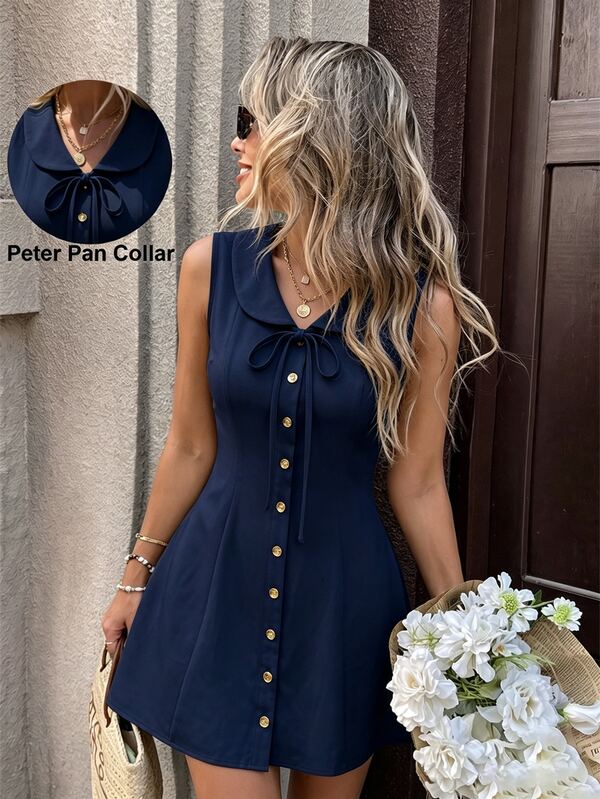 SHEIN PariChic French Style Gentle Peter Pan Collar Dress, Tie Waist Button-Up A-Line Mini Dress, Valentine's Day Date / Easter Garden Outing / Graduation Season Travel Photo Sweet Girl Aesthetic Outfit