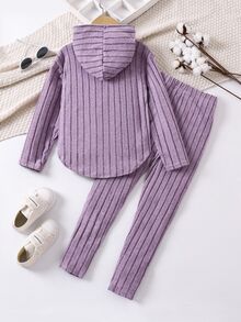 SHEIN 青少年女孩秋季上衣休閒羅紋針織拼接連帽T恤與緊身內搭褲2件套，秋季穿搭，節日穿搭 - 淡紫色 - 查看 2