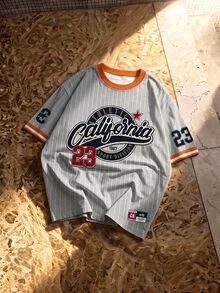 HypeHours 經典校園運動風復古街頭機能風 California 23 短袖 T-shirt 淺灰色直條紋棒球球衣 時尚海灘夏季款 - 彩色 - 查看 4