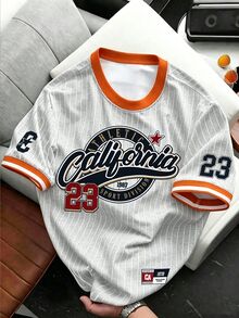 HypeHours 經典校園運動風復古街頭機能風 California 23 短袖 T-shirt 淺灰色直條紋棒球球衣 時尚海灘夏季款 - 彩色 - 查看 1