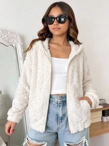 SHEIN Tween女孩毛絨愛心簡約休閒時尚拉鍊夾克 秋冬穿搭 - 米色 - 查看 8