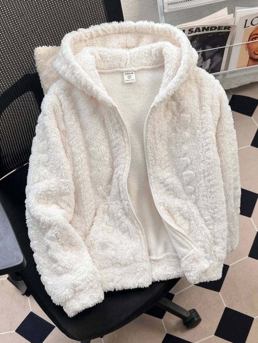 SHEIN Tween女孩毛絨愛心簡約休閒時尚拉鍊夾克 秋冬穿搭 - 米色 - 查看 1