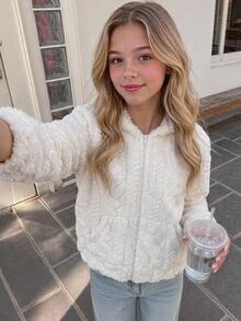 SHEIN Tween女孩毛絨愛心簡約休閒時尚拉鍊夾克 秋冬穿搭 - 米色 - 查看 7