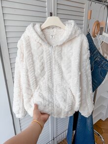 SHEIN Tween女孩毛絨愛心簡約休閒時尚拉鍊夾克 秋冬穿搭 - 米色 - 查看 3