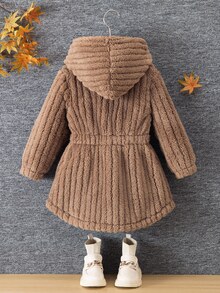 Elladie kids 女童毛茸茸連帽外套 幼兒鈕扣前襟 素色長袖 絨毛泰迪外套 秋冬休閒街頭風 - 棕色 - 查看 2