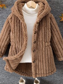 Elladie kids 女童毛茸茸連帽外套 幼兒鈕扣前襟 素色長袖 絨毛泰迪外套 秋冬休閒街頭風 - 棕色 - 查看 5