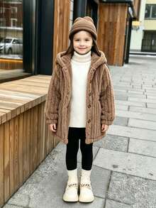 Elladie kids 女童毛茸茸連帽外套 幼兒鈕扣前襟 素色長袖 絨毛泰迪外套 秋冬休閒街頭風 - 棕色 - 查看 1