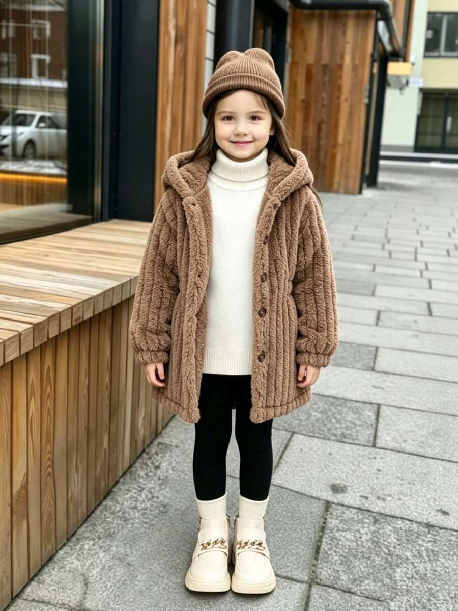 Elladie kids 女童毛茸茸連帽外套 幼兒鈕扣前襟 素色長袖 絨毛泰迪外套 秋冬休閒街頭風 - 棕色 - 查看 1