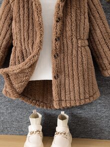 Elladie kids 女童毛茸茸連帽外套 幼兒鈕扣前襟 素色長袖 絨毛泰迪外套 秋冬休閒街頭風 - 棕色 - 查看 4