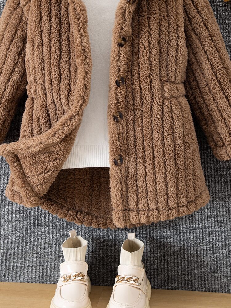 Elladie kids Young Girls Fluffy Hooded Jacket Toddler Button Front Solid Color Long Sleeve Plush Teddy Coat Autumn Winter Casual Streetwear - Brown - View 4