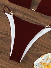 Nevyona 女士海滩度假系带红色比基尼套装 - 酒紅色 - 查看 4