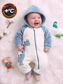 SHEIN Baby Boy Cartoon Dinosaur Pattern Colorblock Thermal Lined Thick Hooded Long Sleeve Winter Jumpsuit Comfortable Versatile - Multicolor - View 3