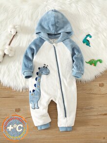 SHEIN Baby Boy Cartoon Dinosaur Pattern Colorblock Thermal Lined Thick Hooded Long Sleeve Winter Jumpsuit Comfortable Versatile - Multicolor - View 1