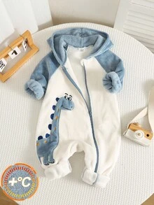 SHEIN Baby Boy Cartoon Dinosaur Pattern Colorblock Thermal Lined Thick Hooded Long Sleeve Winter Jumpsuit Comfortable Versatile - Multicolor - View 6