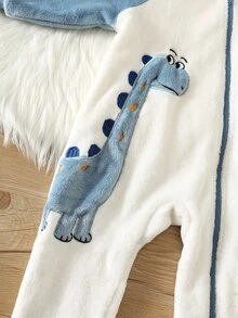 SHEIN Baby Boy Cartoon Dinosaur Pattern Colorblock Thermal Lined Thick Hooded Long Sleeve Winter Jumpsuit Comfortable Versatile - Multicolor - View 4