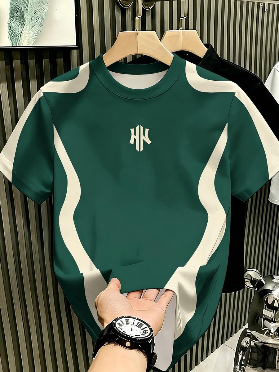 Manfinity Hypemode Men's New Fashion Green Asymmetrical Colorblock T-Shirt, Suitable For Daily Wear And Gatherings - Multicolor - View 1