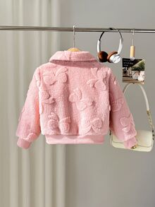 YOUNG GIRLS Solid Sherpa Fleece Jacket, Embossed Flower Zip Front Turn Collar Warm Casual Young Girls Outer Coat - Pink - View 2