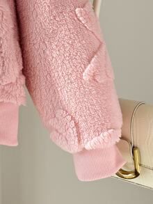 YOUNG GIRLS Solid Sherpa Fleece Jacket, Embossed Flower Zip Front Turn Collar Warm Casual Young Girls Outer Coat - Pink - View 5