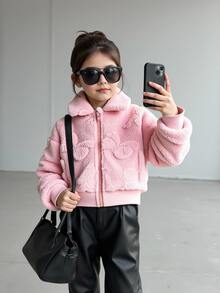 YOUNG GIRLS Solid Sherpa Fleece Jacket, Embossed Flower Zip Front Turn Collar Warm Casual Young Girls Outer Coat - Pink - View 3