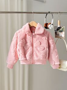 YOUNG GIRLS Solid Sherpa Fleece Jacket, Embossed Flower Zip Front Turn Collar Warm Casual Young Girls Outer Coat - Pink - View 6