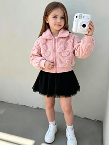 YOUNG GIRLS Solid Sherpa Fleece Jacket, Embossed Flower Zip Front Turn Collar Warm Casual Young Girls Outer Coat - Pink - View 7