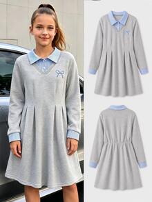 Tween Girls Dress, Light Gray, Slim Fit, Warm For Autumn/Winter, Fashionable & Versatile, Casual, Daily Wear, Ruffle Hem, Elegant, Ditsy Floral, Holiday, Round Neck - Grey - View 3
