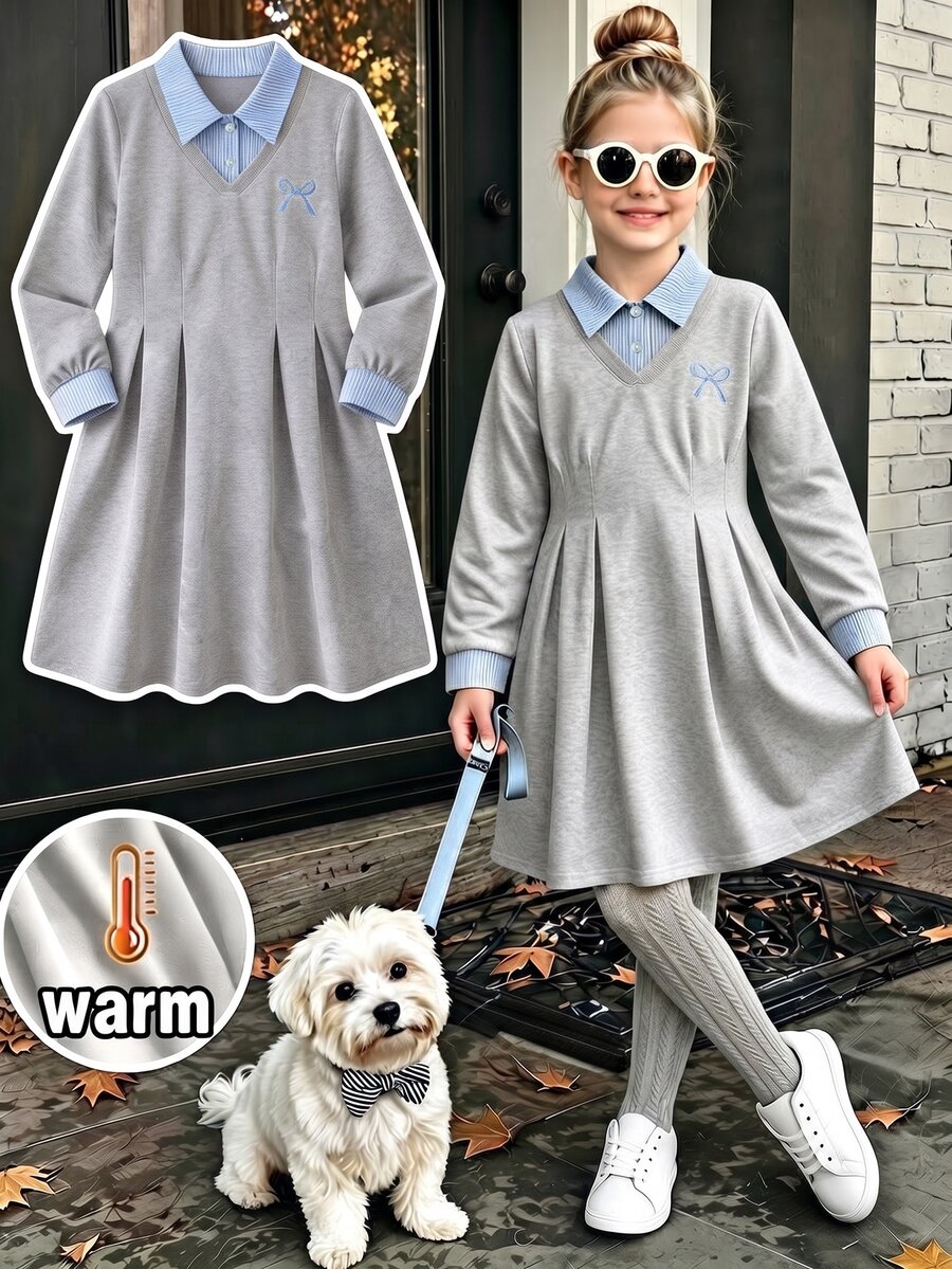 Tween Girls Dress, Light Gray, Slim Fit, Warm For Autumn/Winter, Fashionable & Versatile, Casual, Daily Wear, Ruffle Hem, Elegant, Ditsy Floral, Holiday, Round Neck - Grey - View 1