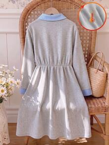 Tween Girls Dress, Light Gray, Slim Fit, Warm For Autumn/Winter, Fashionable & Versatile, Casual, Daily Wear, Ruffle Hem, Elegant, Ditsy Floral, Holiday, Round Neck - Grey - View 2