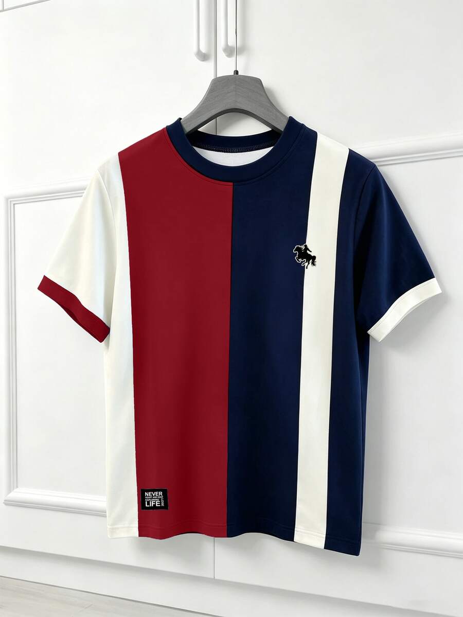 Manfinity Hypemode British Style Color Block Vintage Striped + Western Cowboy Riding Icon Men's Short Sleeve T-Shirt, Luxury Fashion Casual Striped Unisex T-Shirt - Multicolor - View 1