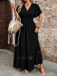 Breezaya Plus Size Women's Water-Soluble Lace Jacquard Romantic Fashion Dress, Suitable For Dating, Daily Wear, Commuting, Vacation, Spring And Summer - Black - View 4