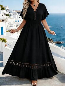 Breezaya Plus Size Women's Water-Soluble Lace Jacquard Romantic Fashion Dress, Suitable For Dating, Daily Wear, Commuting, Vacation, Spring And Summer - Black - View 1