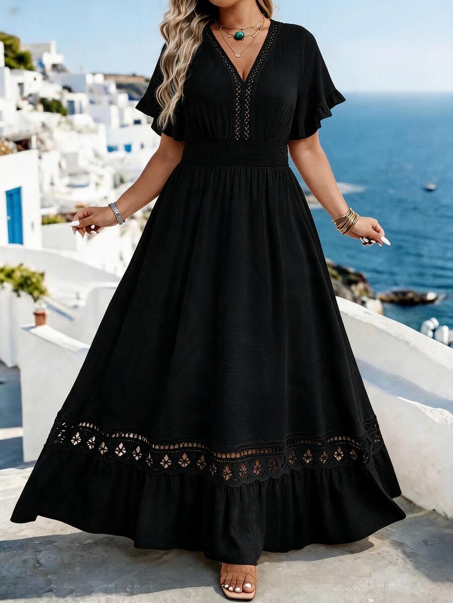 Breezaya Plus Size Women's Water-Soluble Lace Jacquard Romantic Fashion Dress, Suitable For Dating, Daily Wear, Commuting, Vacation, Spring And Summer - Black - View 1