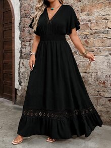 Breezaya Plus Size Women's Water-Soluble Lace Jacquard Romantic Fashion Dress, Suitable For Dating, Daily Wear, Commuting, Vacation, Spring And Summer - Black - View 3
