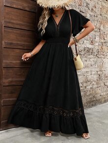 Breezaya Plus Size Women's Water-Soluble Lace Jacquard Romantic Fashion Dress, Suitable For Dating, Daily Wear, Commuting, Vacation, Spring And Summer - Black - View 7