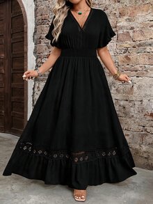 Breezaya Plus Size Women's Water-Soluble Lace Jacquard Romantic Fashion Dress, Suitable For Dating, Daily Wear, Commuting, Vacation, Spring And Summer - Black - View 6