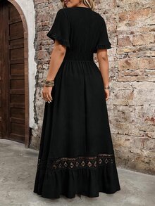 Breezaya Plus Size Women's Water-Soluble Lace Jacquard Romantic Fashion Dress, Suitable For Dating, Daily Wear, Commuting, Vacation, Spring And Summer - Black - View 2