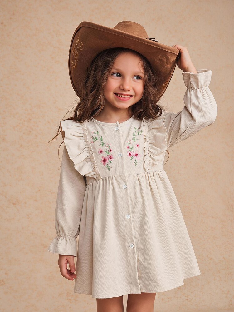 Young Girl Floral Embroidery Ruffle Flounce Sleeve Button Front Baby Purple Cord Dress For Young Girl Autumn Birthday Cowgirl - Apricot - View 6