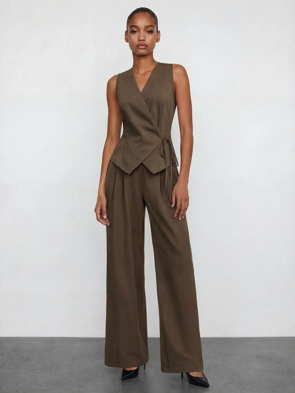 SHEIN Maija Colete Jaqueta com Nó Lateral e Calça Pantalona