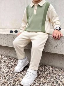 Young Boy Colorblock Patchwork Kids Sweatshirt & Autumn Pants Set - Multicolor - View 3