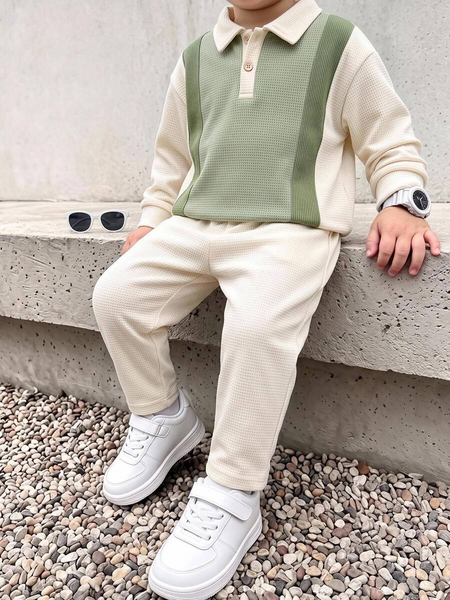 Young Boy Colorblock Patchwork Kids Sweatshirt & Autumn Pants Set - Multicolor - View 1