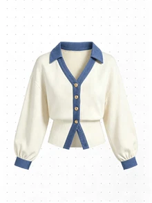 LUMIGAL Women's Elegant Fashion Button Contrast Color Knit Cardigan - White - View 5