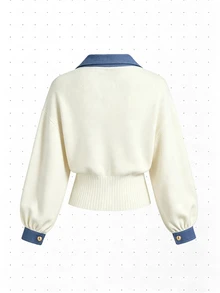 LUMIGAL Women's Elegant Fashion Button Contrast Color Knit Cardigan - White - View 3