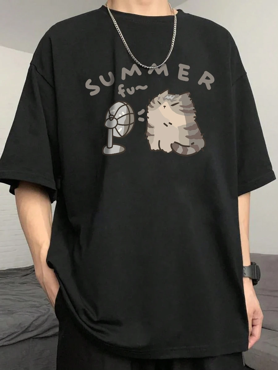 Manfinity Hypemode 男士夏季休闲款可爱卡通猫咪图案印花圆领落肩短袖休闲 T 恤,适合朋友 - 黑色 - 查看 1