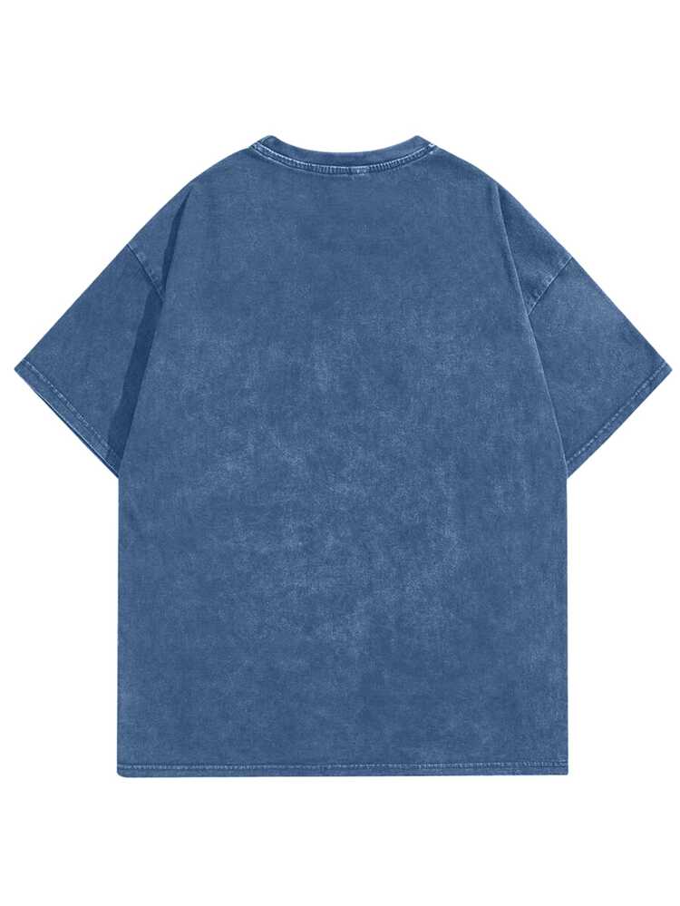 Manfinity Hypemode Men's Minimalist Printed Round Neck Short Sleeve Washed Cotton T-Shirt Washed T Shirt - Blue - View 2