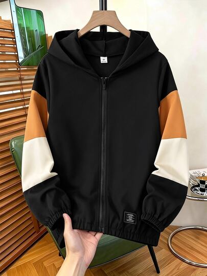 SHEIN Boys' Casual College Style Solid Color Patchwork Long Sleeve Hooded Jacket, Soft And Comfortable Fabric, Versatile Fit, Suitable For Casual Sports, College Wear, Street Outings, Parties And Daily Wear