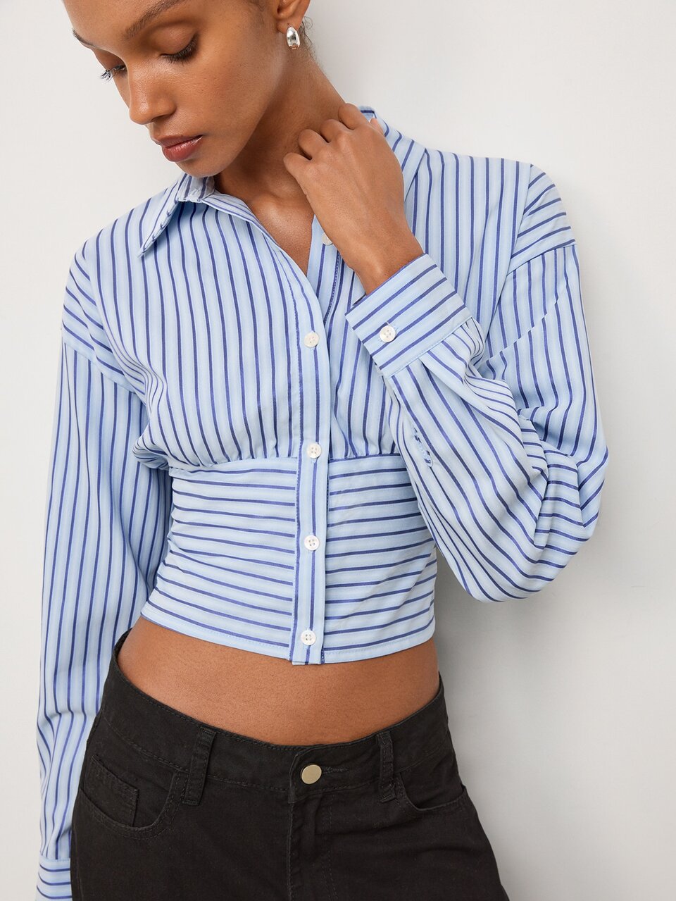 SHEIN Maija Women's Blue Striped Shirt, Summer Autumn Modern Urban Fashion Versatile Cinched Waist Dolman Sleeve