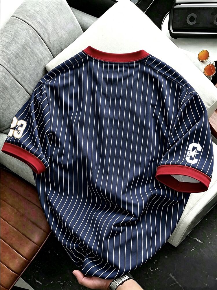 HypeHours Classic Campus Sports Style Vintage California #23 Short Sleeve T-Shirt, Black And White Vertical Stripe California #23 Striped Baseball Jersey Fashion Sports Casual Short Sleeve T-Shirt - Multicolor - View 2
